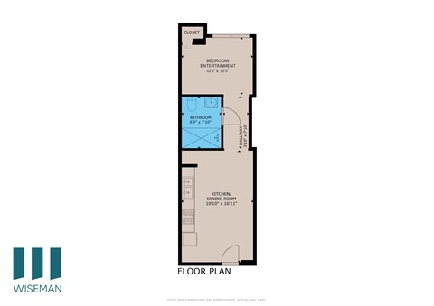A floor plan for a home with a bedroom, bathroom, and kitchen.